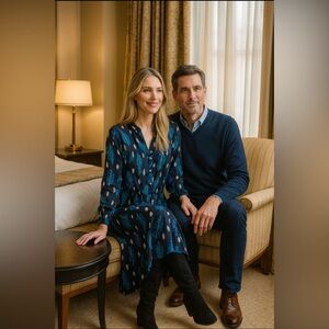 Italian linen black gold glitter leaf pattern tiered dress w/motherpearl buttons